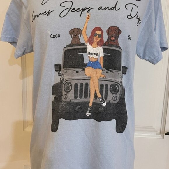 Gildan Womens Just a Girl Loves Jeeps and Dogs Blue T-Shirt S Crew Cotton Tee - Picture 3 of 10